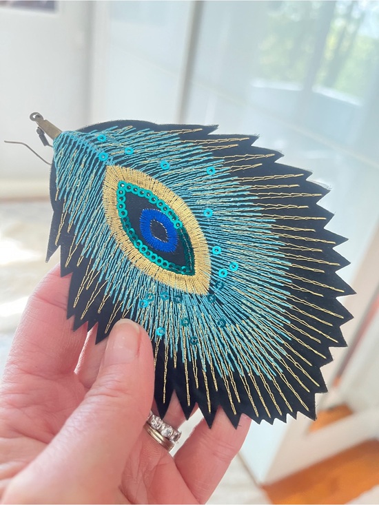 Vintage Jewelry - Vintage Peacock Feather Statement Earrings in Teal, Gold, Blue on Black